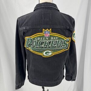 Old Navy Green Bay Packers Denim Jacket WOMENS Black Button Close Pockets SIZE L